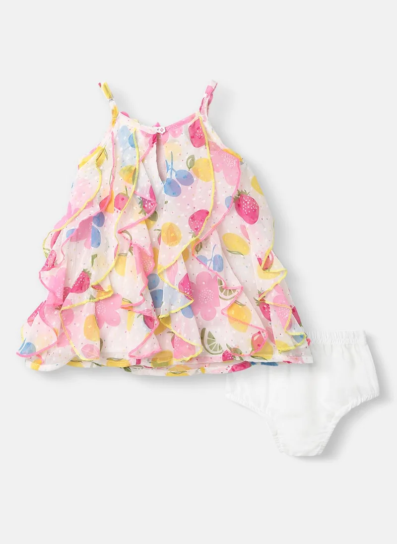 Nautinati  Girls' Chiffon Ruffle All-over Strawberry, Mango, Blueberry & Floral Print A-line Dress with Swiss Dot Pattern for Women | Best Price UAE